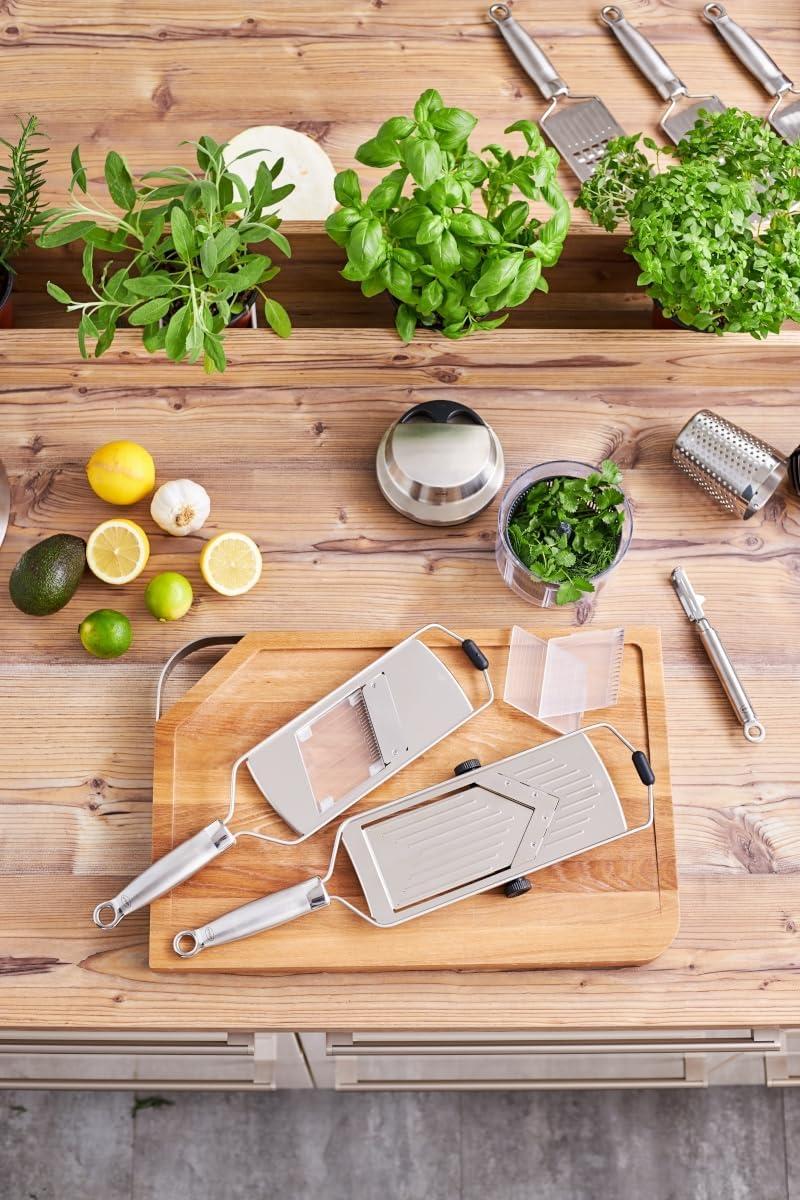 image:imageRSLE Supercut Slicer VShaped Mandolin Slicer 1810 Stainless Steel Kitchen Utensil with 5 Cutting Thicknesses Silicone Foot and Protective Cover for Vegetables or Fruits 46cmSupercut Slicer