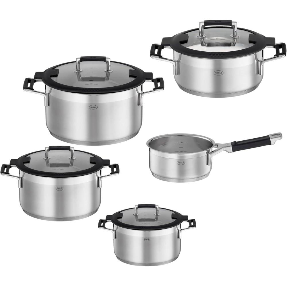 image:imageRosle 91962 Silence Pro Stainless Steel High Casserole Cooking Pot with Insulated Handles amp Lid 20 cm 79 in Silver5 pices