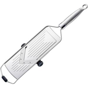 RÖSLE Supercut Slicer, V-Shaped Mandolin Slicer, 18/10 Stainless Steel Kitchen Utensil with 5 Cutting Thicknesses, Silicone Foot and Protective Cover for Vegetables or Fruits – 46cm(Supercut Slicer)